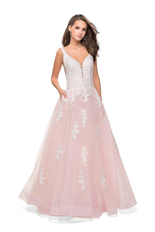 La Femme - 25624 Lace Applique Plunging Ballgown In Pink and White