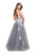 La Femme - 25624 Lace Applique Plunging Ballgown In Gray and White