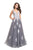 La Femme - 25624 Lace Applique Plunging Ballgown In Gray and White