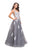 La Femme - 25624 Lace Applique Plunging Ballgown In Gray and White