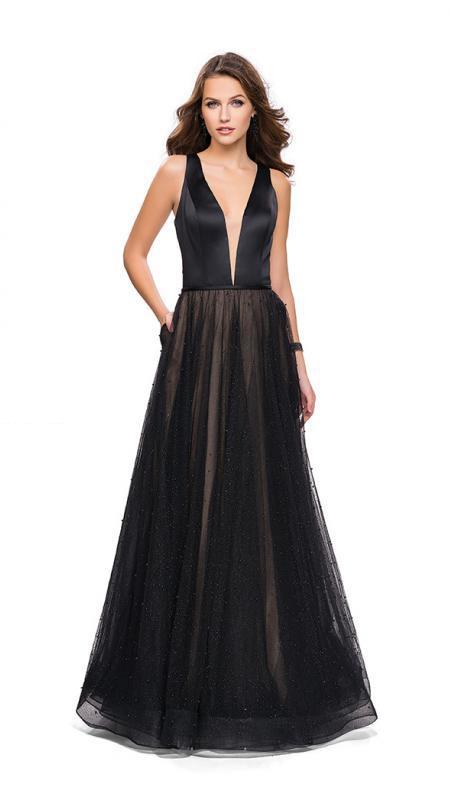 La Femme - 25630 Deep V-neck Tulle A-line Dress in Black