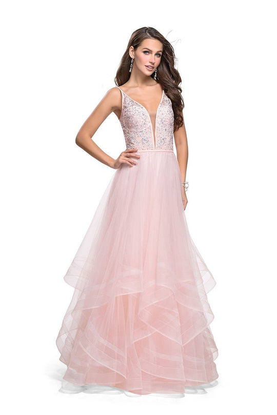La Femme Gigi - 25639 Beaded Lace V-neck Ruffled Tulle A-line Dress In Pink