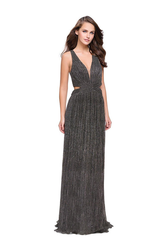 La Femme - 25643 Strappy Plunging V Neck Slit Dress In Gray