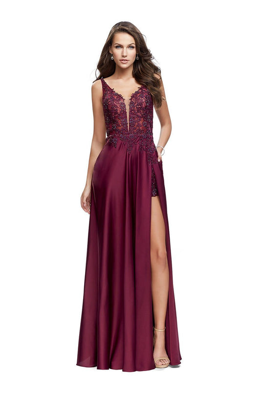La Femme - 25645 Beaded Lace Deep V-neck Crepe Satin A-line Dress In Red