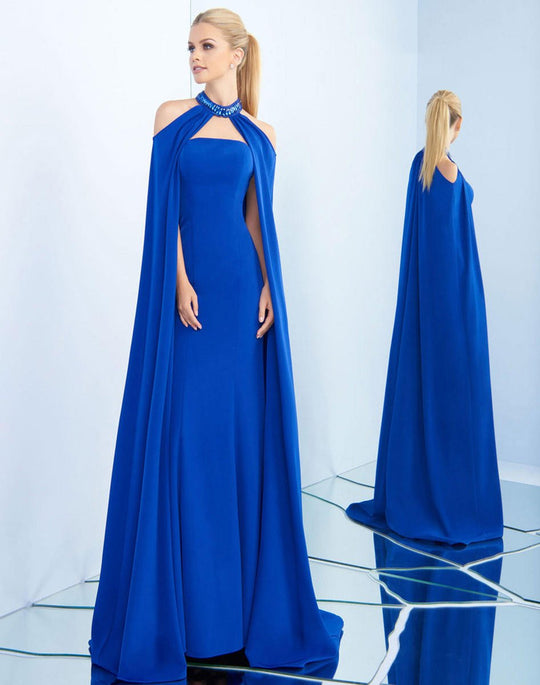 Ieena Duggal  - 25647I Embellished Choker Caped Sheath Gown In Blue