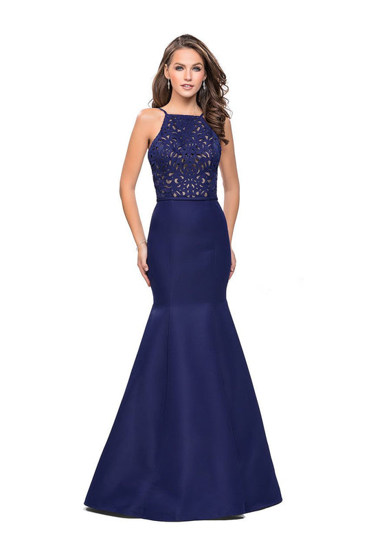 La Femme - 25650 Laser Cut Detailed Halter Mermaid Dress In Blue