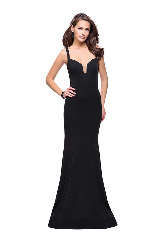 La Femme - 25651 Strappy Fitted V-Neck Trumpet Dress In Black