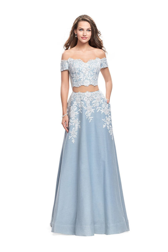 La Femme - 25655 Lace Applique Two Piece Denim A-line Gown In Blue