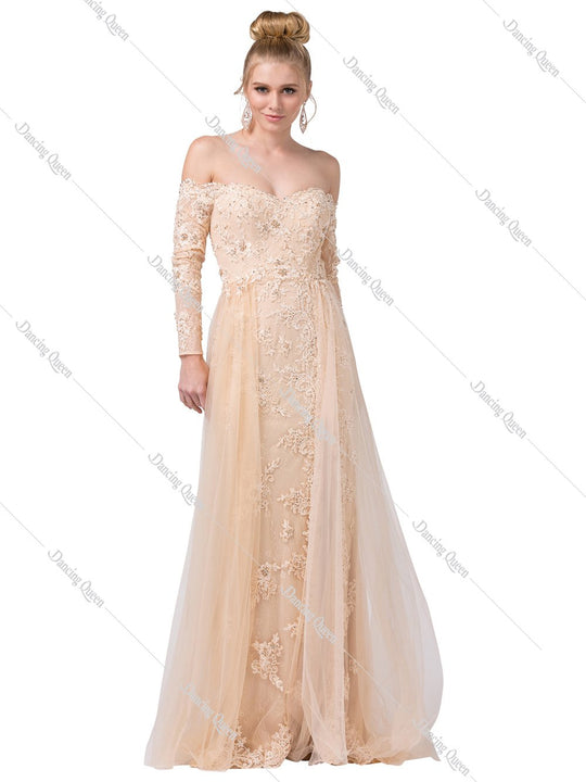 Dancing Queen - 2566 Long Sleeve Appliqued Lace Overskirt Gown In Neutral