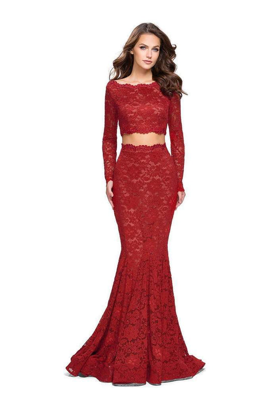 La Femme - Two Piece Lace Mermaid Dress 25668  In Red