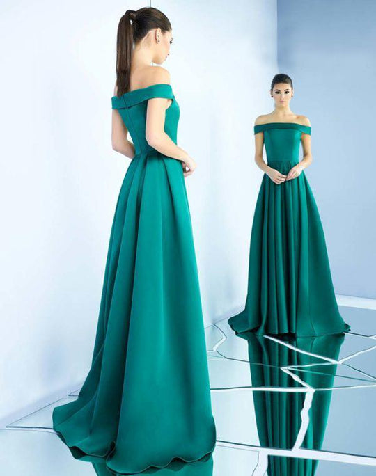 Ieena Duggal  - 25669i Off-Shoulder Satin A-line Dress in Green