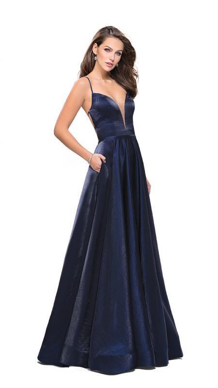 La Femme - 25670 Sleeveless Plunging Sweetheart Satin Gown in Blue