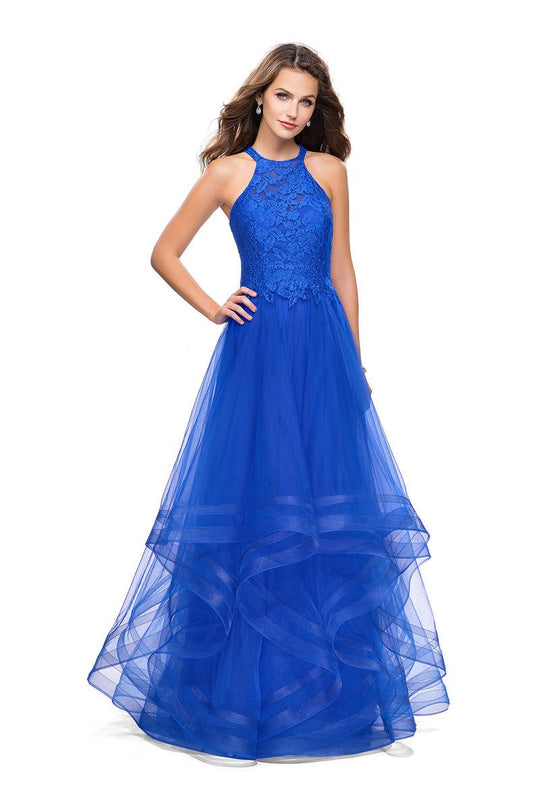 La Femme - 25671 High Halter Lace Bodice Tiered Tulle Gown In Blue