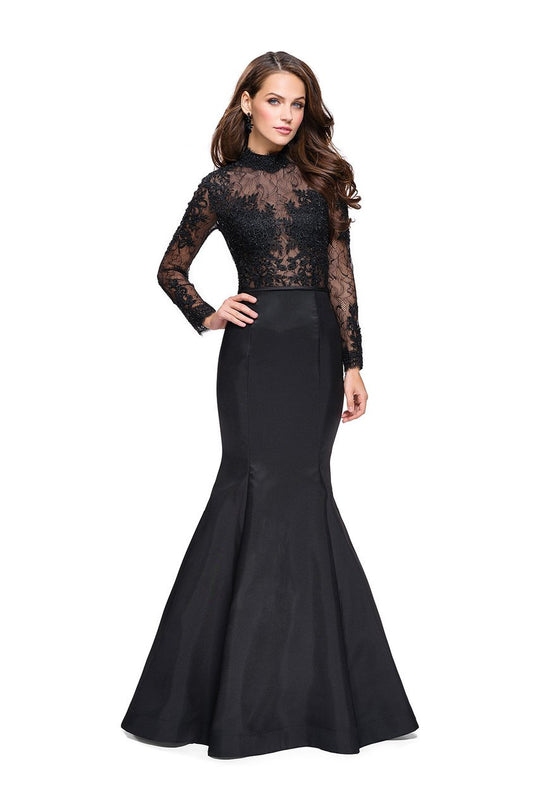 La Femme - 25677 Long Sleeve Lace And Mikado Evening Gown In Black