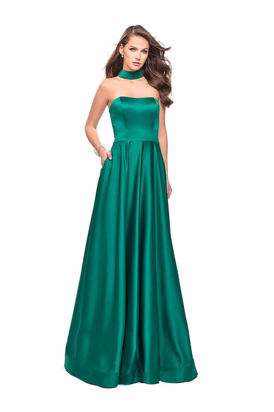 La Femme - 25680 Choker Accented Straight-Across Satin A-Line Gown In Green