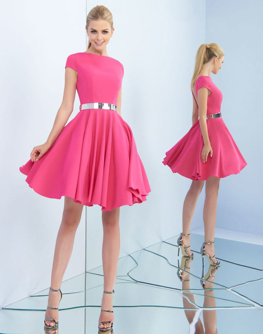 Ieena Duggal  - 25680I Cap Sleeve High Neck A-Line Dress In Pink