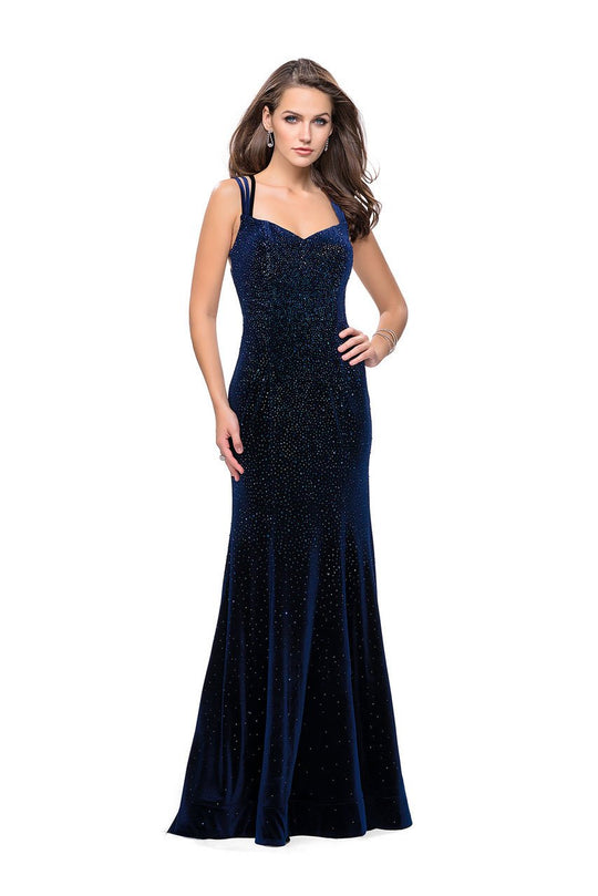 La Femme - 25681 Embellished Sweetheart Strappy Back Trumpet Dress In Blue
