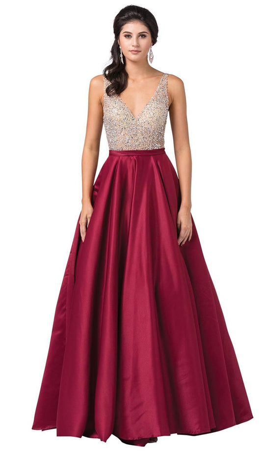 Dancing Queen - 2568 Embellished Plunging V-neck Ballgown In Red