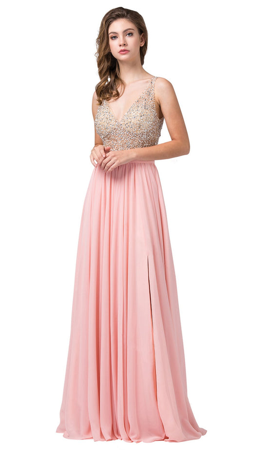 Dancing Queen - 2569 Illusion Beaded Bodice Flowy Prom Dress In Pink
