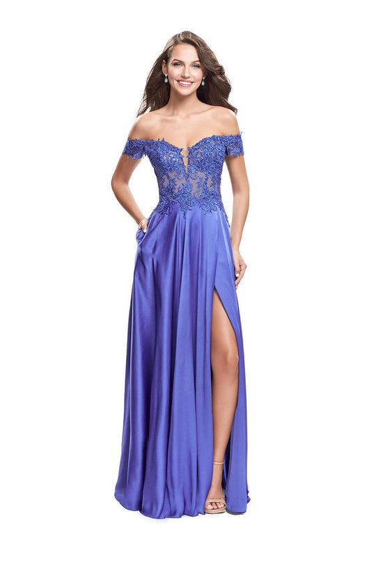 La Femme - 25694 Off Shoulder Lace Pleated Dress In Purple