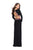 La Femme - 25695 Long Sleeve Flower Trimmed Jersey Evening Gown In Black