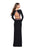 La Femme - 25695 Long Sleeve Flower Trimmed Jersey Evening Gown In Black