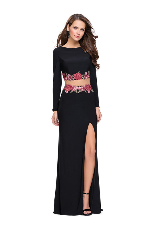 La Femme - 25695 Long Sleeve Flower Trimmed Jersey Evening Gown In Black