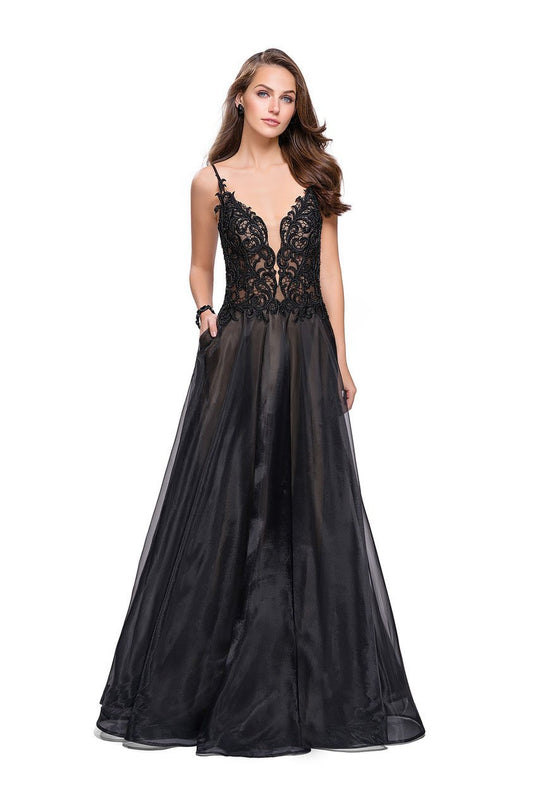 La Femme - 25701 Beaded Lace Deep V-neck Organza A-line Dress In Black