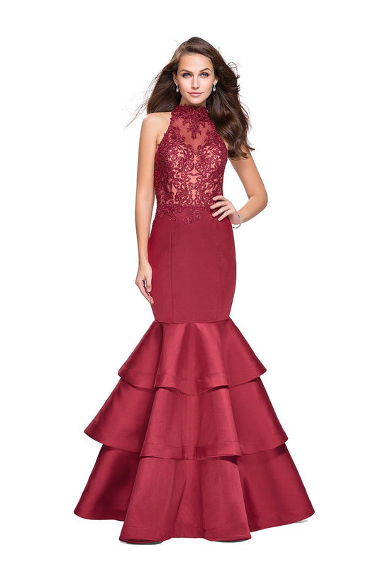 La Femme - 25707 Lace High Halter Mikado Tiered Mermaid Dress In Red