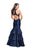 La Femme - 25707 Lace High Halter Mikado Tiered Mermaid Dress In Blue