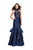 La Femme - 25707 Lace High Halter Mikado Tiered Mermaid Dress In Blue