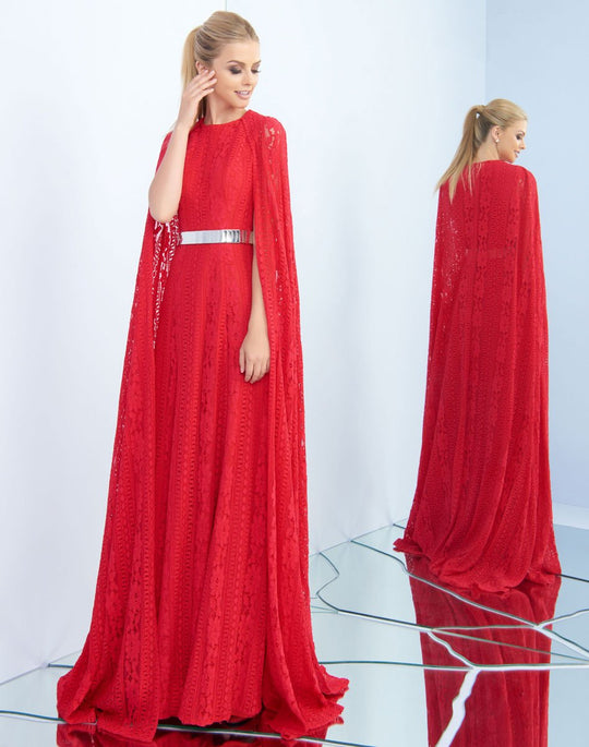 Ieena Duggal  - 25740I Lace Cape Belted Dress In Red