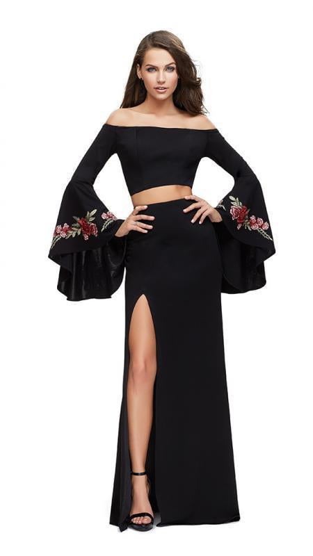 La Femme - 25741 Two Piece Long Bell Sleeve Jersey Sheath Dress in Black