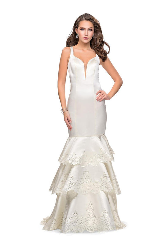 La Femme - 25749 Deep V-neck Satin Ruffled Mermaid Dress In White