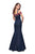 La Femme - 25753 Cold Shoulder Floral Denim Trumpet Gown In Blue