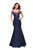 La Femme - 25753 Cold Shoulder Floral Denim Trumpet Gown In Blue