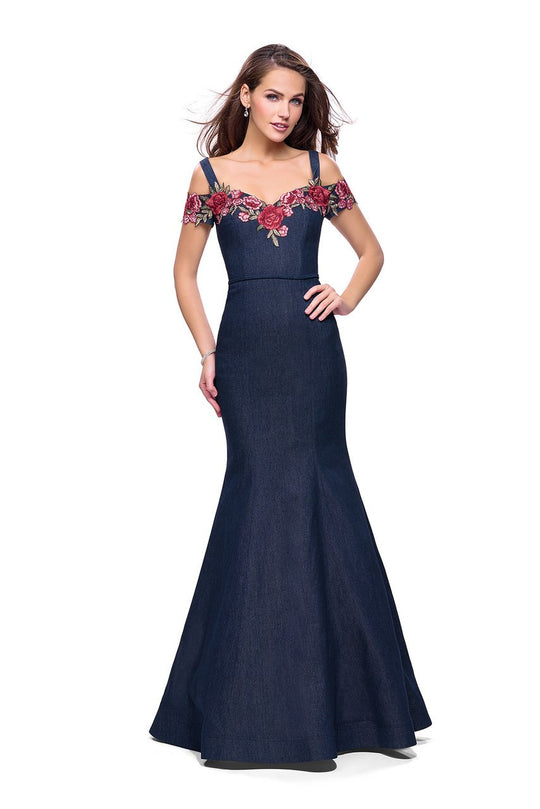 La Femme - 25753 Cold Shoulder Floral Denim Trumpet Gown In Blue