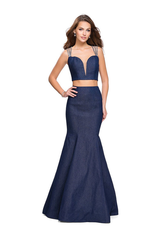 La Femme - 25754 Two Piece Beaded Sweetheart Denim Evening Gown In Blue