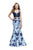 La Femme - 25756 Two Piece Deep V-neck Floral Print Mermaid Dress In Blue and Multi-Color