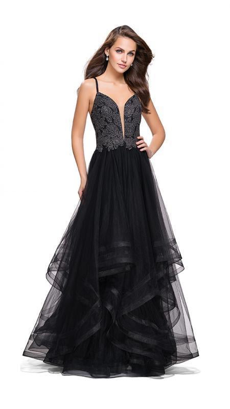 La Femme - 25762 Plunging Lace Bodice Cascading Tulle Gown in Black