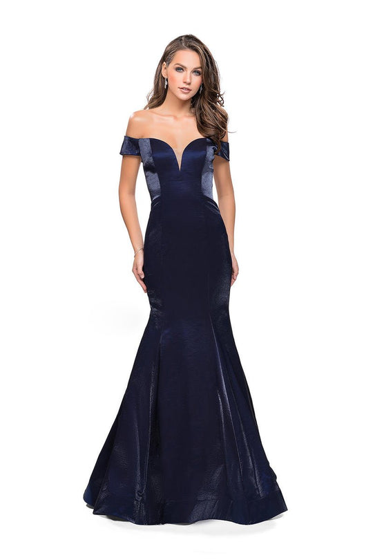La Femme - 25764 Two Tone Off-Shoulder Satin Mermaid Dress In Blue