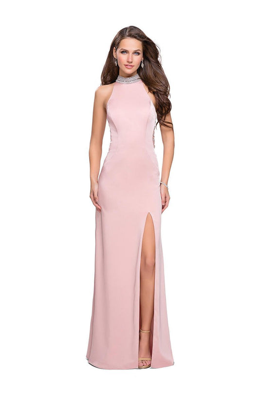 La Femme - 25767 Beaded High Halter Jersey Sheath Dress in Pink