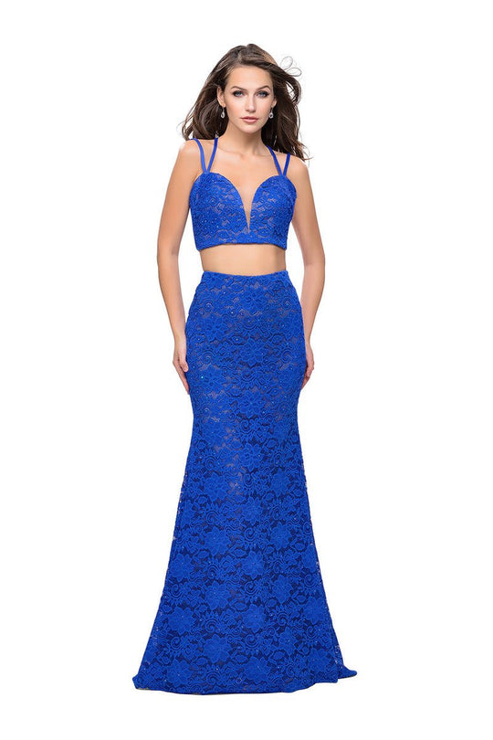 La Femme - 25771 Two Piece Beaded Lace Trumpet Dress In Blue