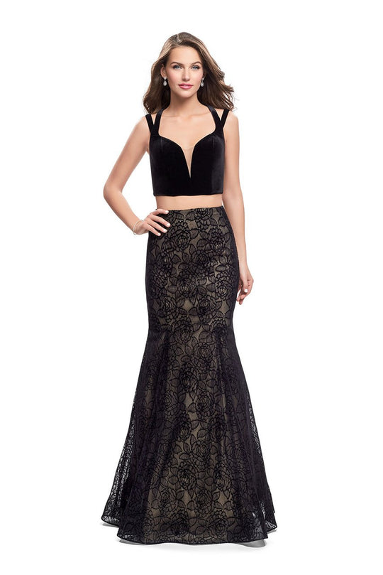La Femme - 25772 Two Piece Velvet Strappy Lace Mermaid Gown In Black