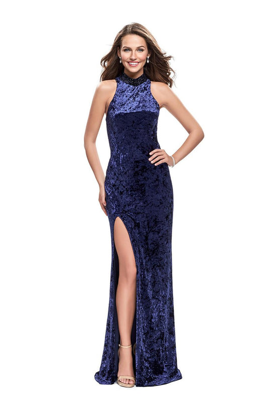La Femme - 25783 Beaded High Halter Velvet Sheath Dress In Blue