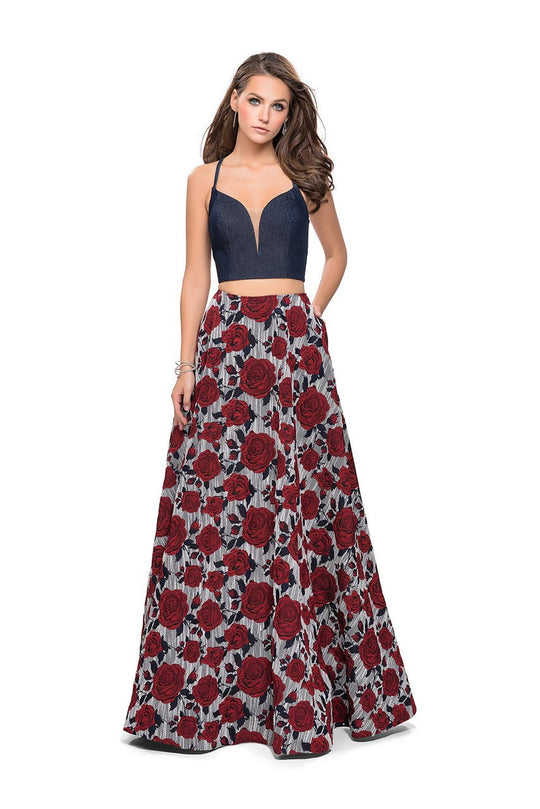 La Femme - 25789 Two Piece Plunging Denim Open Back A-line Gown In Multi-Color
