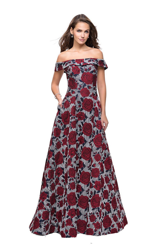 La Femme - 25790 Off the Shoulder Floral Print Jacquard Gown In Multi-Color