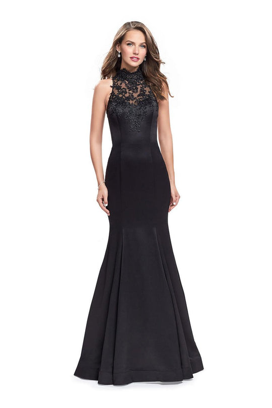 La Femme - 25792 Lace High Halter Satin Mermaid Dress In Black