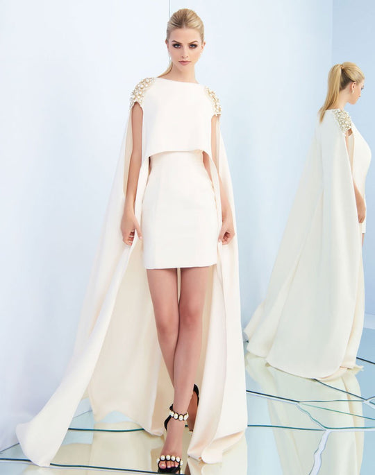 Ieena Duggal  - 25800I Fitted Pearl Cape Dress In White