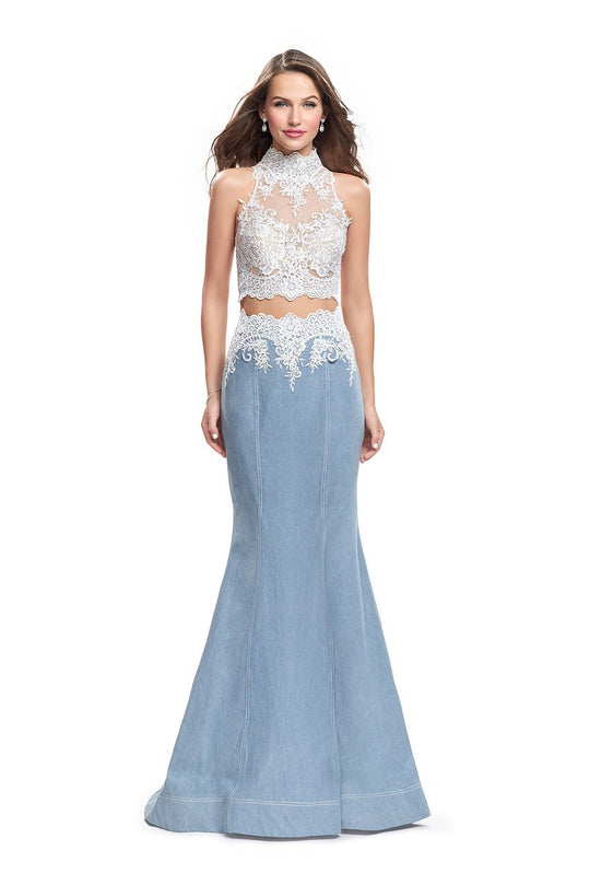 La Femme - 25805 Sheer Beaded High Neck Illusion Two Piece Gown In Blue